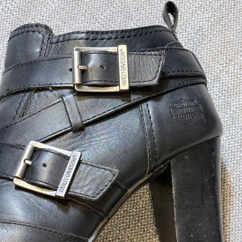 Harley Davidson Black Leather Buckle‎ Ankle Boots Block Heel D84447 Womens 8.5 - Picture 3 of 7